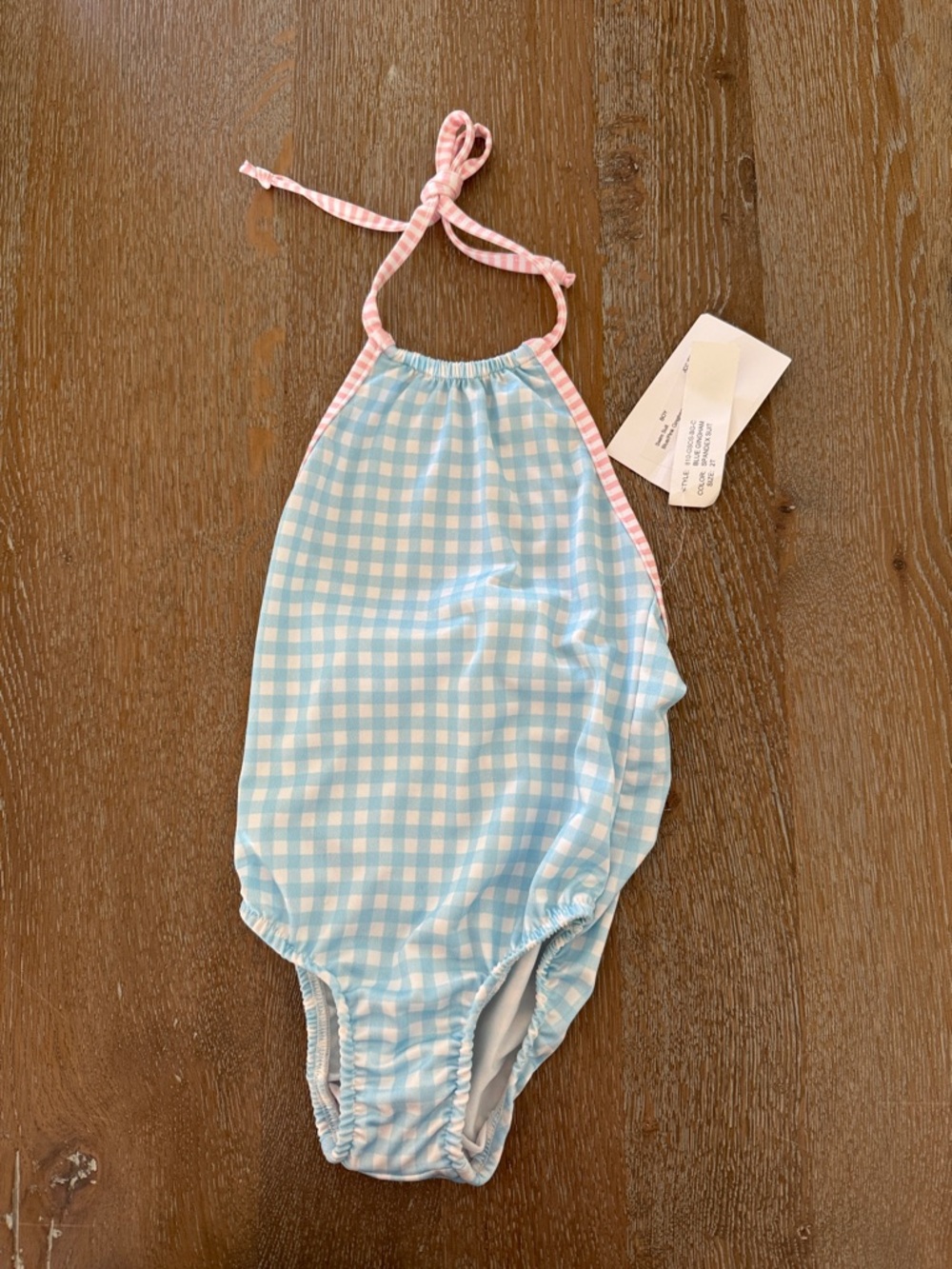 Blue Gingham Halter Kids One-Piece Swimsuit with Pink Trim